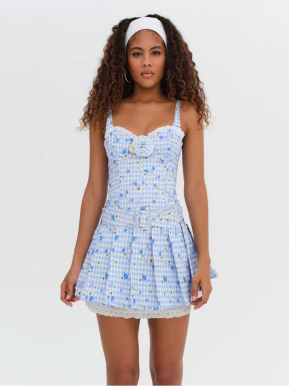 For Love & Lemons Blue Gingham Mini Dress with Rose Detail